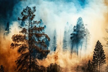 Natural disaster: Forest is on fire during the day. Burning trees, clouds of smoke. AI