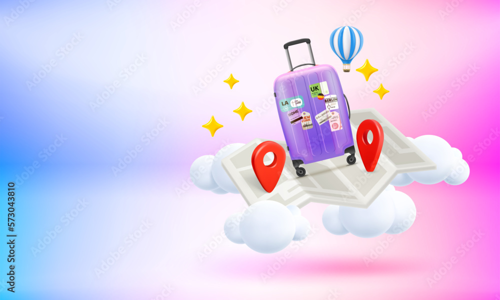 Poster travel concept with travel bag, map and pins. 3d vector banner with copy space