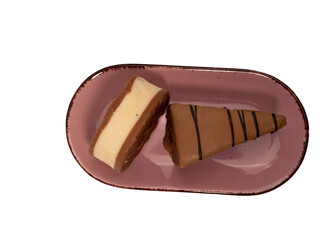 Piece of chocolate cake isolated on white background. A slice of chocolate cake.