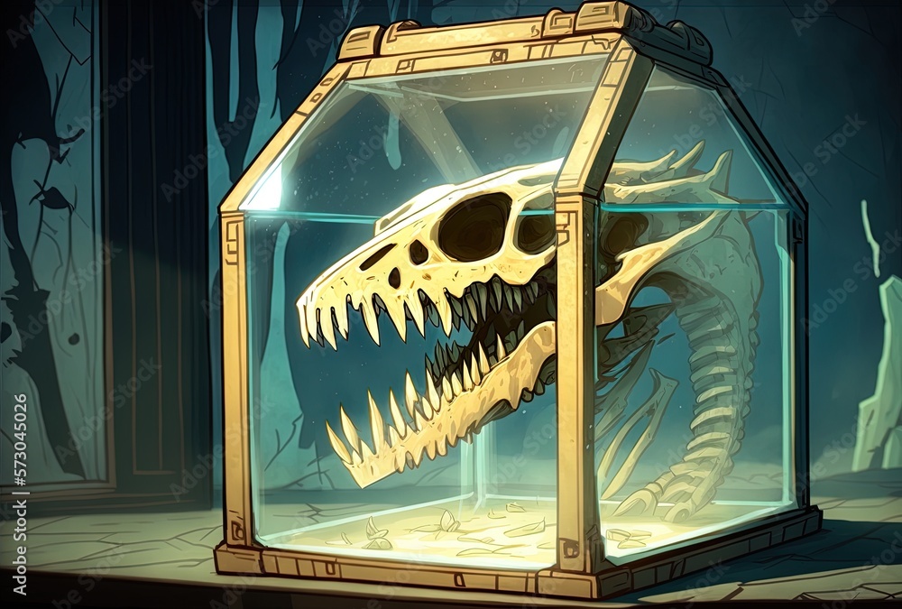Poster image of the teeth from a dinosaur skull displayed in a glass case generative ai