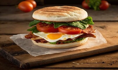  a bacon, egg, and tomato sandwich on a cutting board.  generative ai