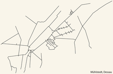 Detailed hand-drawn navigational urban street roads map of the MÜHLSTEDT BOROUGH of the German town of DESSAU, Germany with vivid road lines and name tag on solid background