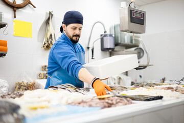 A middle-aged fishmonger in an apron and a hat is about to catch a fish from the counter to put it in a box and finish work, selling food, small and medium-sized business.