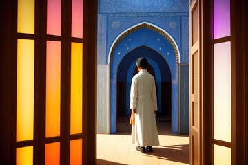 Islamic background painting. Mosque and shadows. Light rays from mosque window or door. Prayer's vision, generative ai. Muslim art.