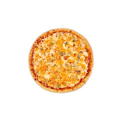 Pizza Four cheeses top view on a white background isolate
