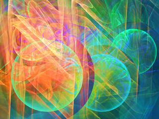 Creación de arte abstracto digital compuesto de trazos circulares en negativo bajo manto de colores translúcidos mostrando lo que aparenta ser discos energéticos avanzando hacia el abismo.