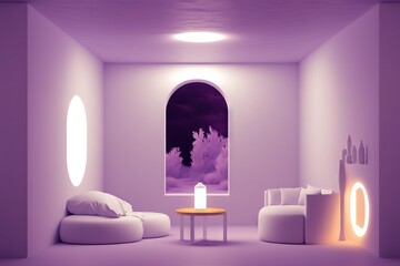 Powerful meditation: Minimalistic, cozy comfortable space for meditation with empty walls and violet light. Mindfulness.