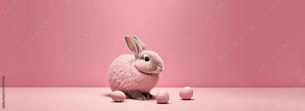 Wall mural Easter Day: Bunny with Easter Eggs on Pink Background, isolated, space for copy.