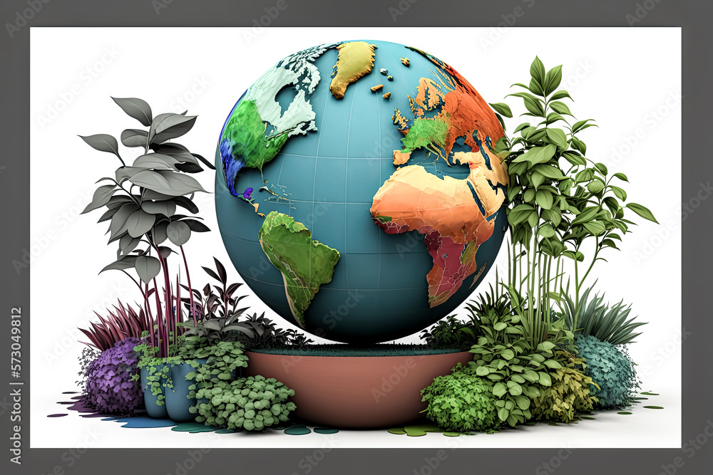Poster this 3d render of a colorful earth globe is adorned with plants. - generative ai