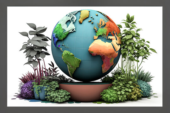 This 3D render of a colorful Earth globe is adorned with plants. - Generative AI