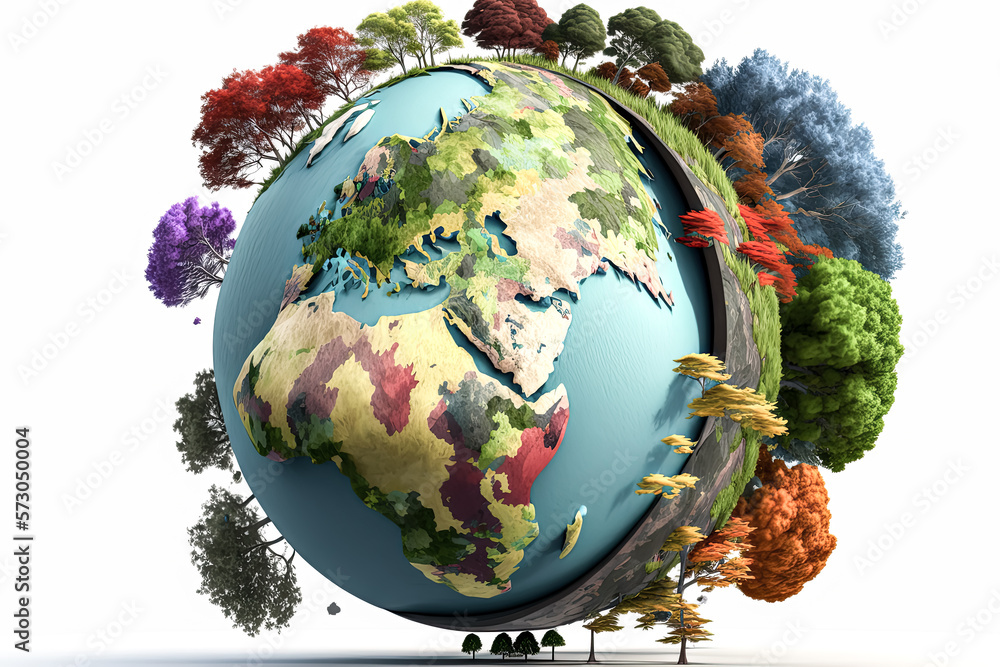 Poster this 3d render of a colorful earth globe with trees is a sight to behold. - generative ai