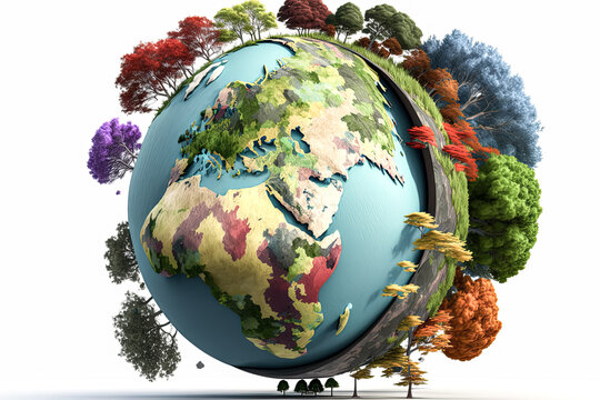 This 3D render of a colorful Earth globe with trees is a sight to behold. - Generative AI