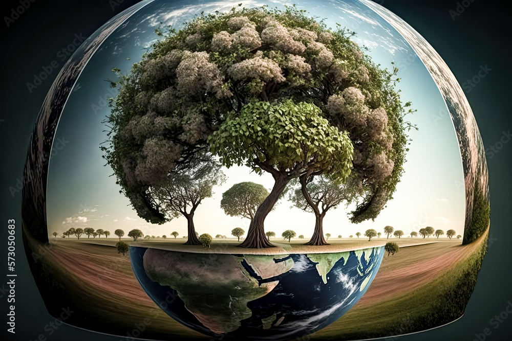 Poster the earth globe is adorned with trees. - generative ai