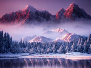 A still lake below a snow covered pine forest. Above mountain peaks are lit up by a red sky. Generative AI.