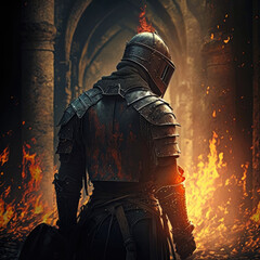 A medieval knight standing in a burning building. Created with Generative AI. - obrazy, fototapety, plakaty