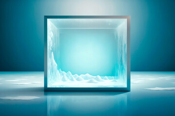 Ice scene for product presentation. Mockup ice pedestal on winter frosty background. Created with Generative AI technology.