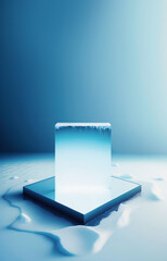 Cold ice podium for product presentation. Mockup ice pedestal on winter frosty background. Vertical composition. Created with Generative AI technology.