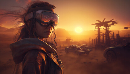 Obraz premium Girl wearing VR glasses post apocalypse after nuclear war sunset background
