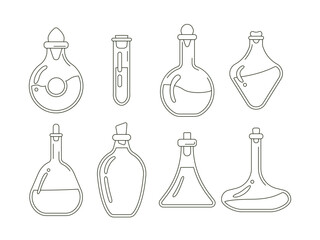 Vector doodle set of magic tubes and glass bottles with love potions. Vector illustration. Scientific laboratory, chemistry