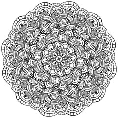 Outline mandala of easter eggs and ornate striped patterns, creative coloring page