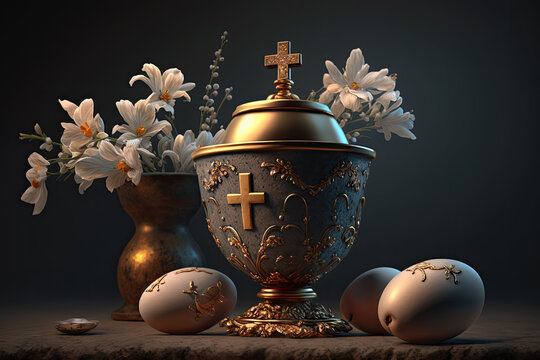 Easter decorations, easter egg, cross, chalice, flowers, religious, religion, Christianity, Christian, candle, decor, festive, gold, tradition, ornament