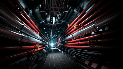 Red industrial service tunnel with pipelines, valves, power lines, communication lines
