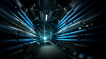 Blue industrial service tunnel with pipelines, valves, power lines, communication lines