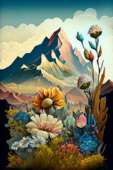 Landscape: Whimsical, Surreal and Colorful with flowers and a Mountain view AI