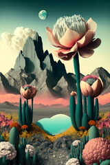 Landscape: Whimsical, Surreal and Colorful with flowers and a Mountain view AI