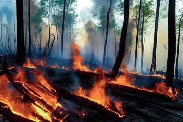 Natural Disasters, ground view of bushfire destroying large forest areas, created with Generative AI technology
