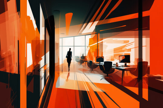 abstract office interior in fiery shades of red and orange, with blurred lines and shapes suggesting a space in constant motion., generative ai