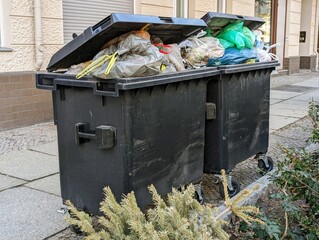 Two garbage dumpsters full of garbage and garbage bags are waiting to be picked up by the garbage...