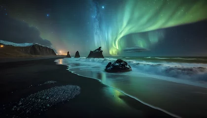 Fototapete Nordlichter Auroras over black sand beaches of Iceland