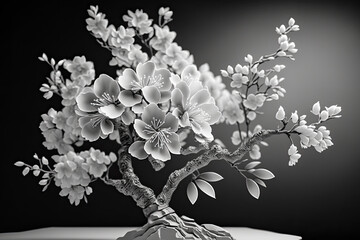close-up of a monochrome handmade plasticine clay model of a Japanese bonsai with strong branches and magnificent cherry blossoms on a gradient background (generative ai)