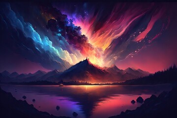 Fototapeta na wymiar Fantasy Mountains River Moonlight Wallpaper, Art, Colourful, Galaxy, Dreamy, Generative AI