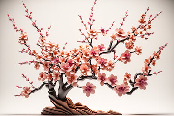 a colorful handmade plasticine clay model of a Japanese bonsai tree with strong branches and beautiful pink sakura cherry blossoms, isolated  on a white background (generative ai)