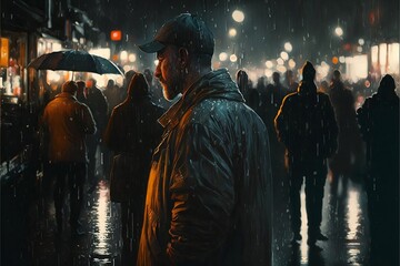 A man standing in the rain among people, Generative AI