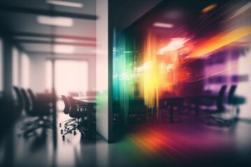 Multicolored lights radiate from the blurred edges of an abstract office interior, generative ai