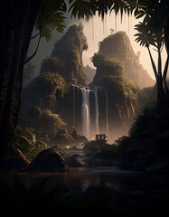 Jungle Ruins with Waterfall