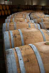 Rows of french and american oak barrels in cellars of winery in Rioja wine making region, Spain