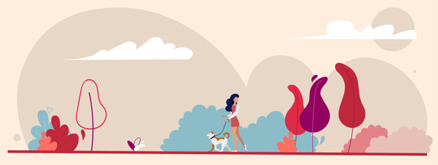 flat illustration, header for the site, a girl walking a dog in a bright location