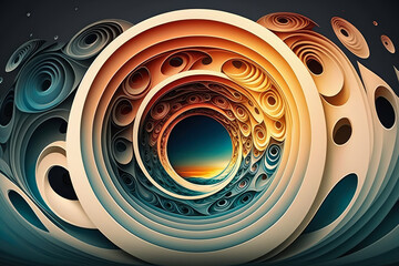 stunning panorama of circular rings and waves, blending in gradient colors, generative ai