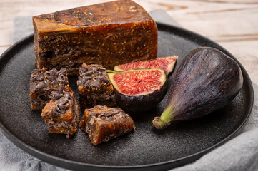 Dark dried figs bread with chocolate, sweet dessert, pairing with Dutch old cheeses