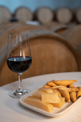 Tasting of rioja wines, visit of winery cellars with french or american oak barrels with agening red wine, Rioja wine making region, Spain