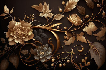 Elegant golden floral wallpaper pattern with delicate blooms and leaves, generative ai