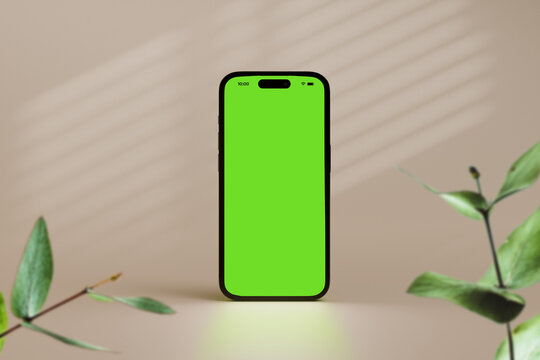3d render illustration of apple iphone 14 pro mockup ui app display interface mobile marble podium stage white background isolated premium minimalist green screen design