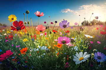 Obraz na płótnie Canvas Colorful flower meadow in spring, ai art illustration 