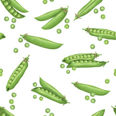 Peas on white background. Healthy eating seamless pattern. Vegan and healthy food. Vector illustration.