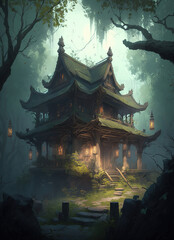 painting of a house in the middle of a forest, fantasy art, fantasy art illustration 