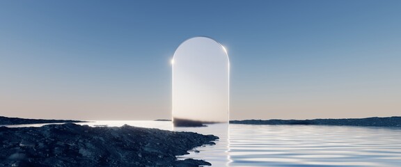 3d render, abstract minimalist panoramic background. Fantastic scenery wallpaper. Rounded mirror in the water - obrazy, fototapety, plakaty